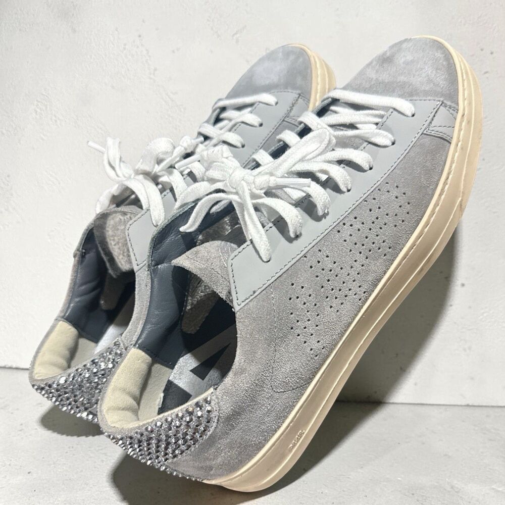 P448 Sneakers Womens 8.5 Gray Suede Leather EU 39 Rhinestone Heel Lace Up